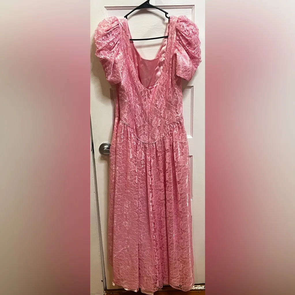 Dance Allure vintage formal dress 80s pink high-low lace puff sleeves drop waist - Image 3