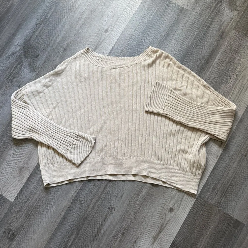 RVCA Ribbed Crew Neck Drop Shoulder Crop Top Oatmeal Oversized - Image 2