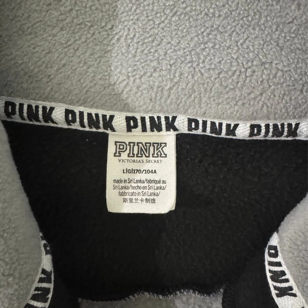 PINK Victorias Secret Striped Fleece Quarter Zip Sweatshirt Gray Black EUC Large - Image 6