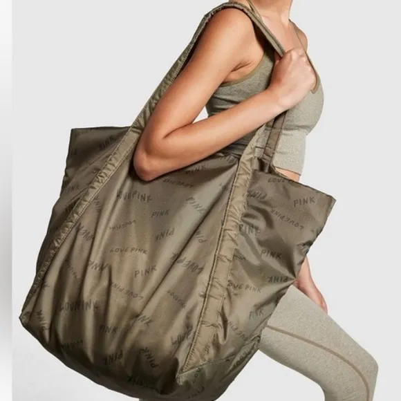 Pink Victoria’s Secret Olive green weekend tote bag and pouch large workout bag - Image 2
