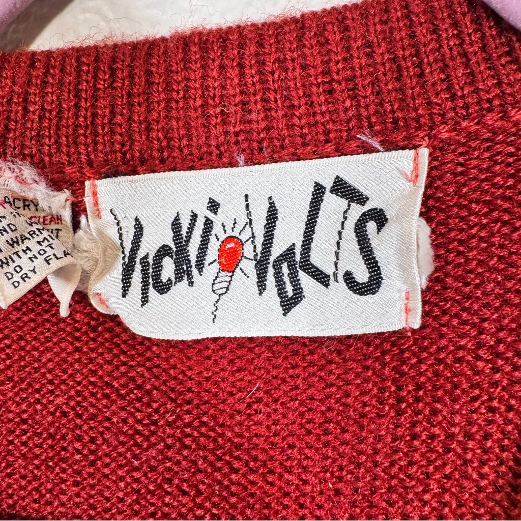 Vintage 70s Vicki Volts Red Grey Sweater Vest Womens S Fall Warm Hippie Folk - Image 6