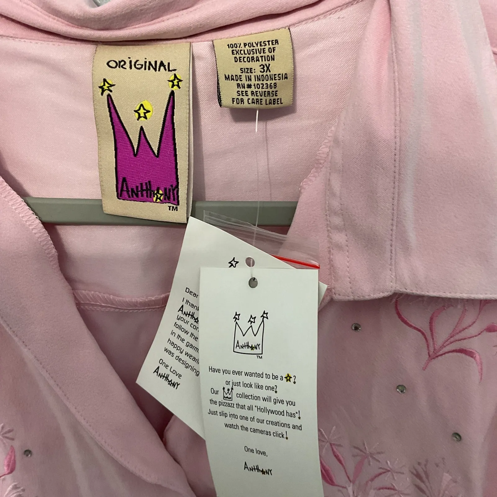 Original Anthony Womens Pink Floral Embroidered Rhinestone Western Shirt Size 3X - Image 3