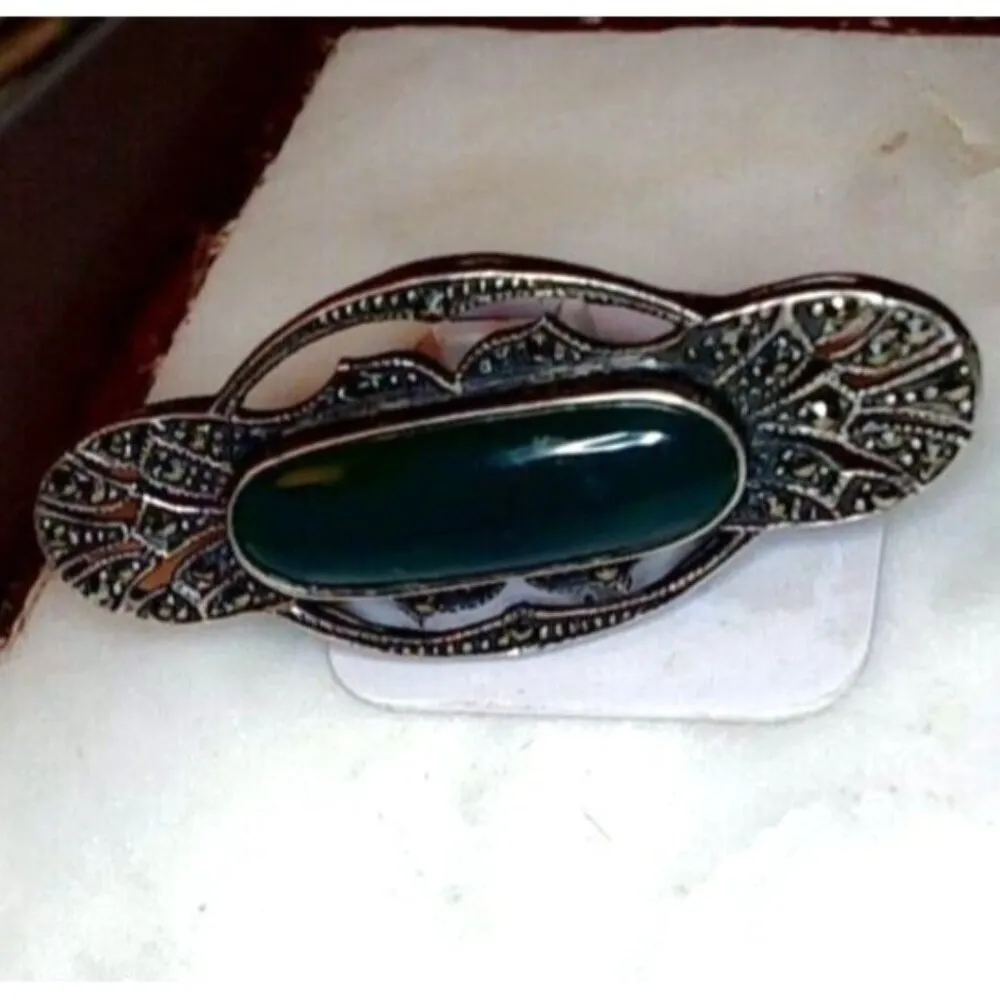 Vintage Brooch Sterling Silver Marcasite Chrysoprase Green Centerpiece Art Deco - Image 16
