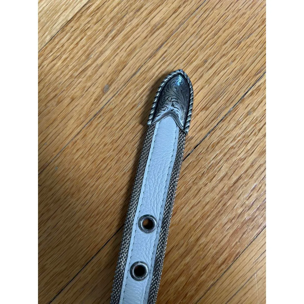 Leather Belt with Decorative Buckle and metal mesh accent White - Image 5