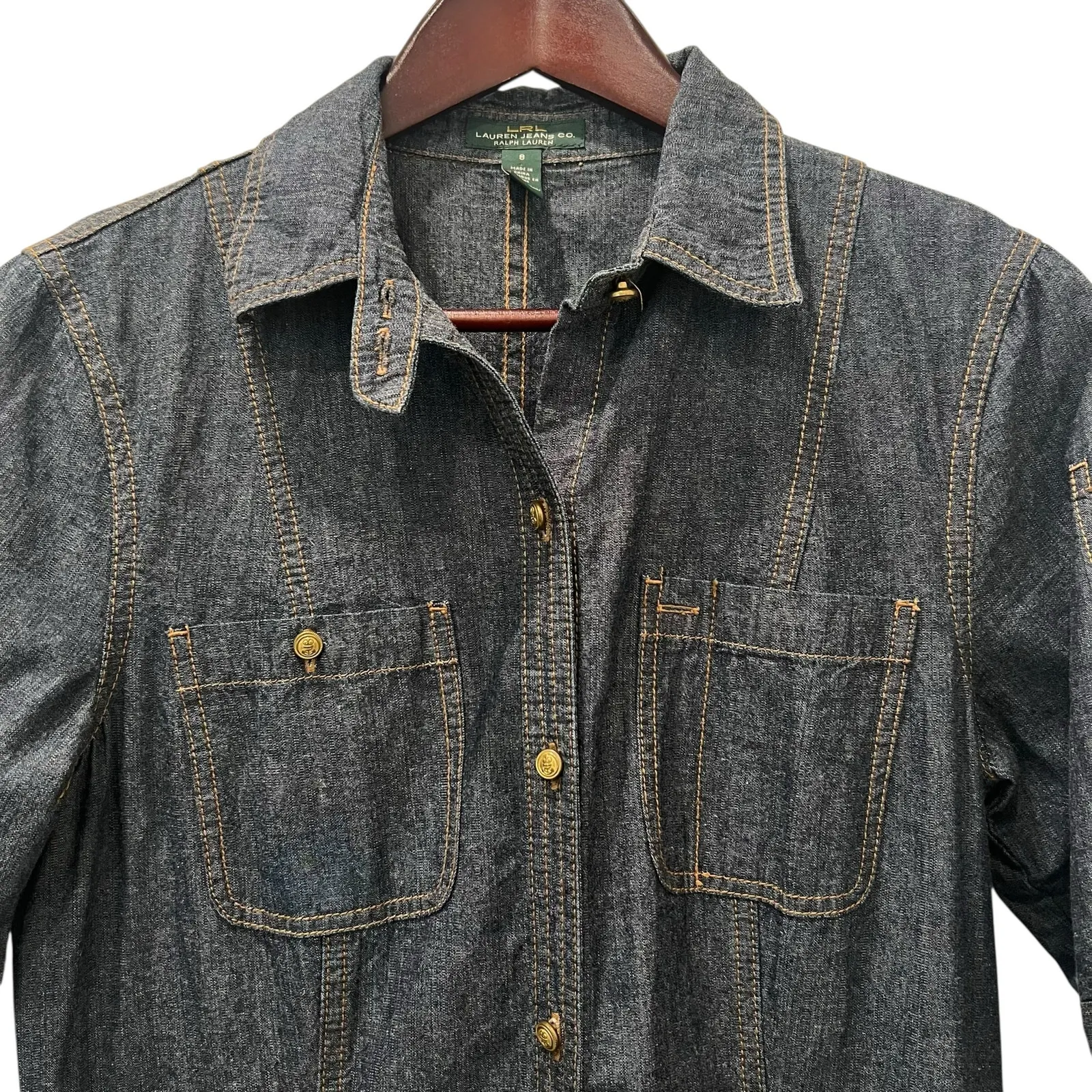 Ralph Lauren LRL Lauren Jeans Blue Denim Dress Military Size 8 Midi Short Sleeve - Image 3