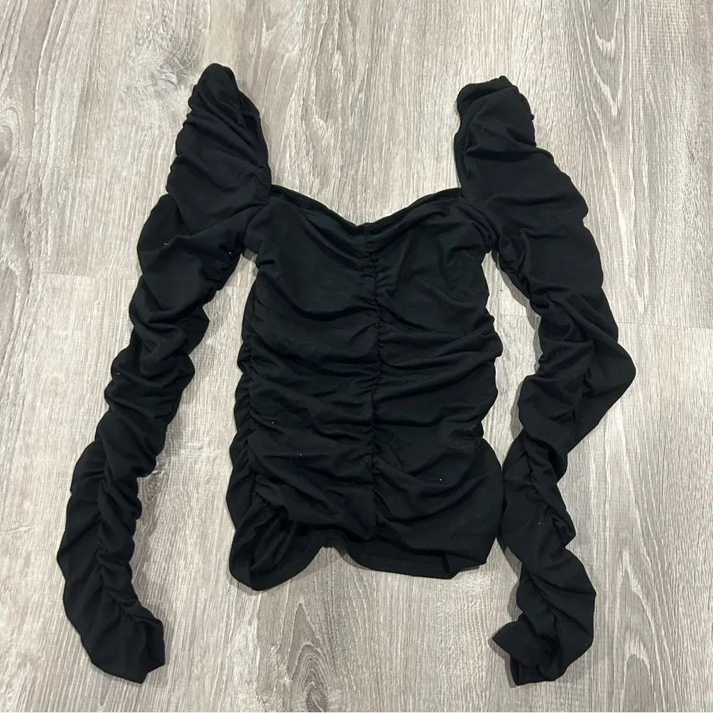 NEW Reformation Esra Queen Anne Neckline Top Black Ruched Long Sleeve Size XS - Image 8