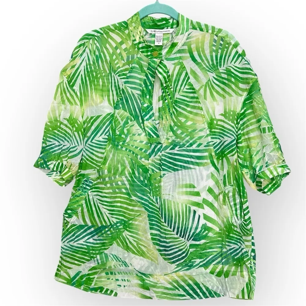 Diane von Furstenberg tunic, thin cotton beach cover, green leaves print, sz 10 - Image 2