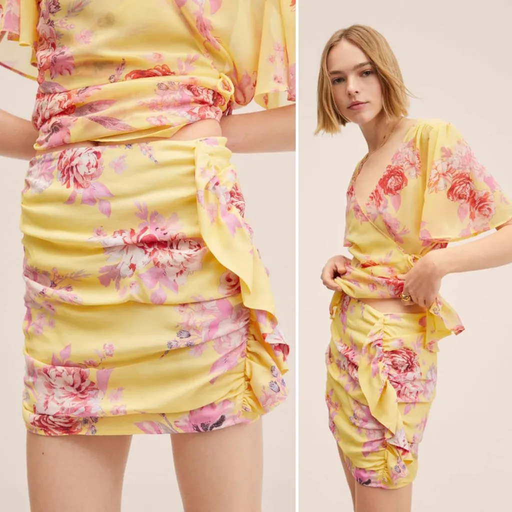 Mango MNG Skirt Romance Yellow Floral Ruffle Frill Mini Flirty Feminine Romantic - Image 3