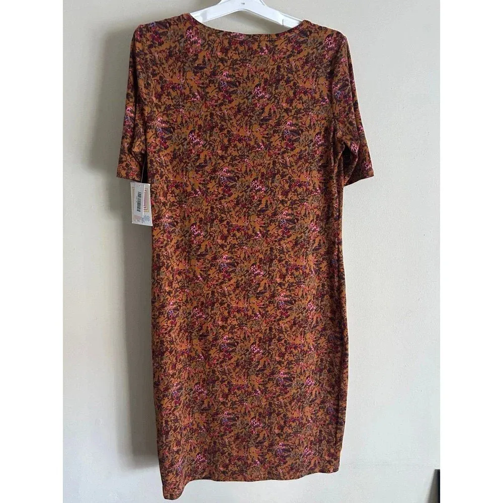 Women’s Julia Dress, Leaf Floral Print Short Sleeves Rust Brown XL - Image 2
