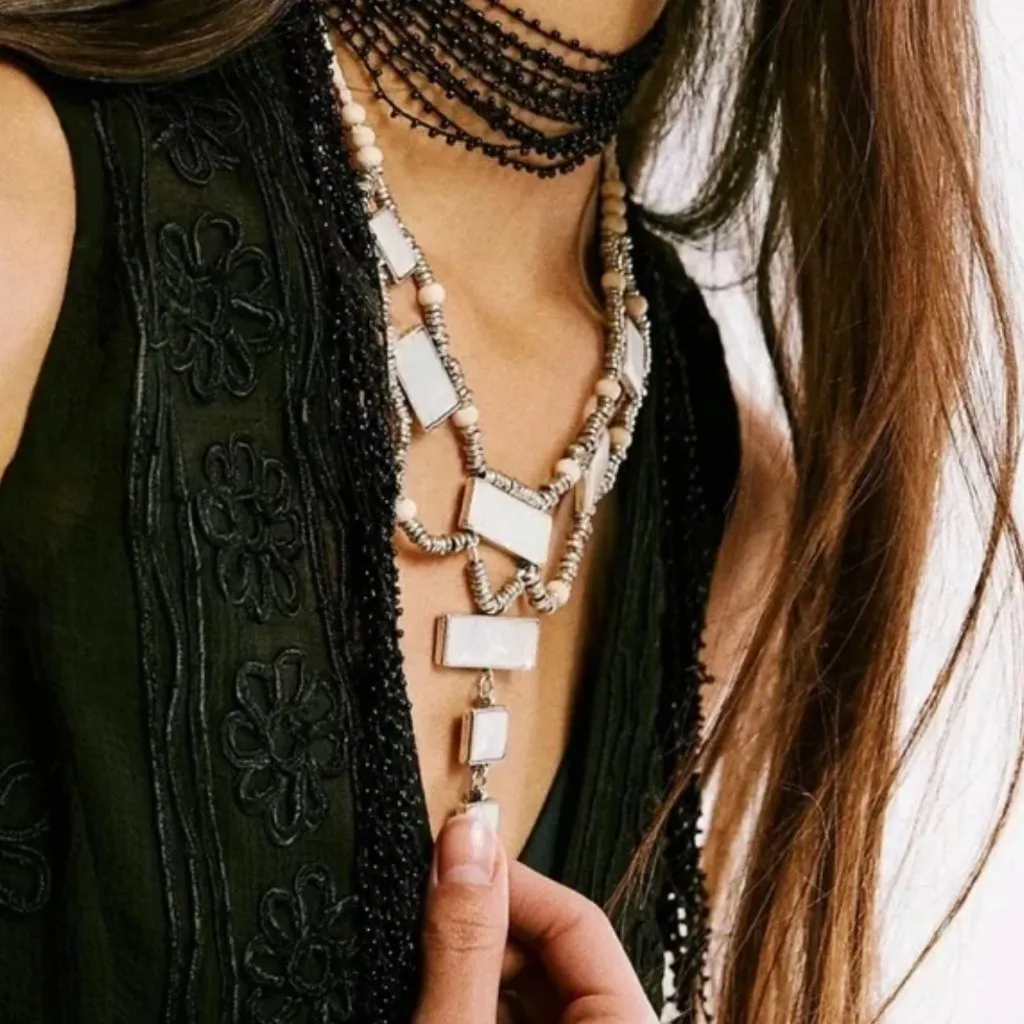 FREE PEOPLE Cascading Layered Drop Statement Beaded Necklace In Opal, NWOT - Image 3