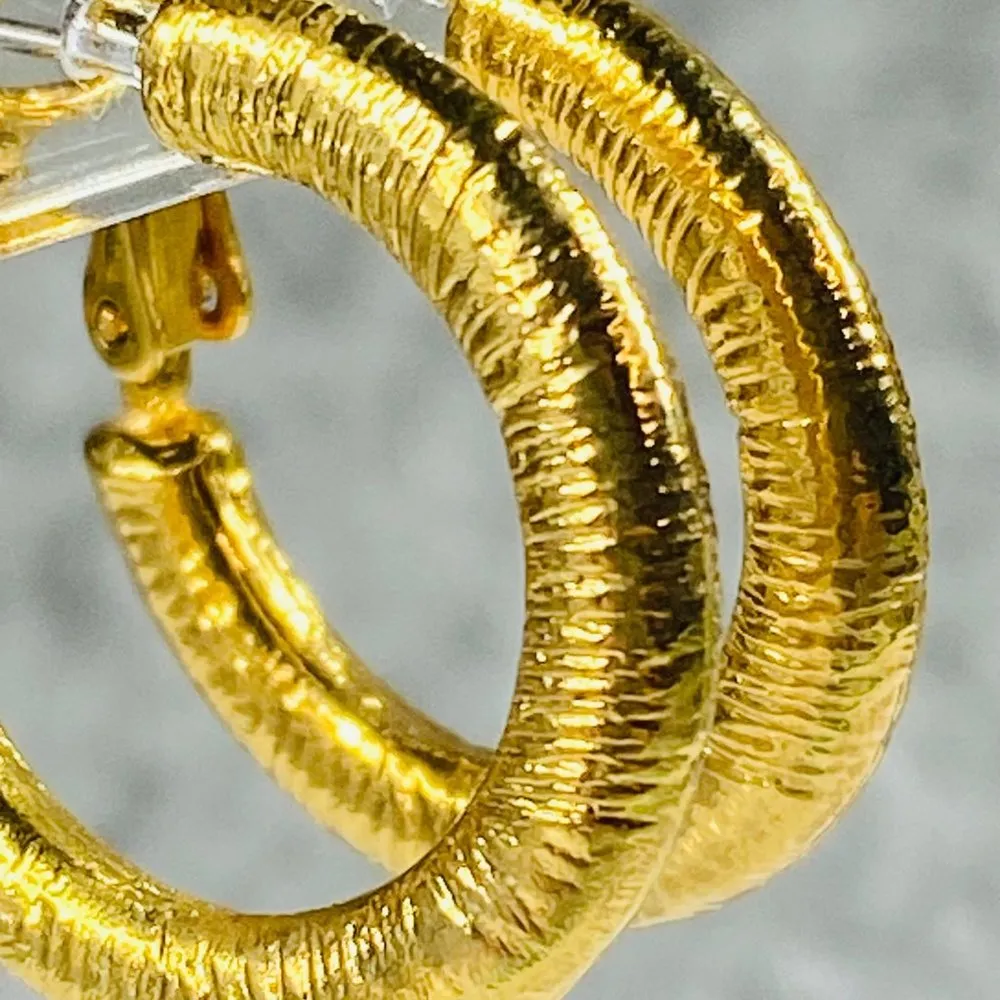 Hoop Earrings Gold Tone Round Womens Textured Omega Backs Shiny Fashion Style - Image 8