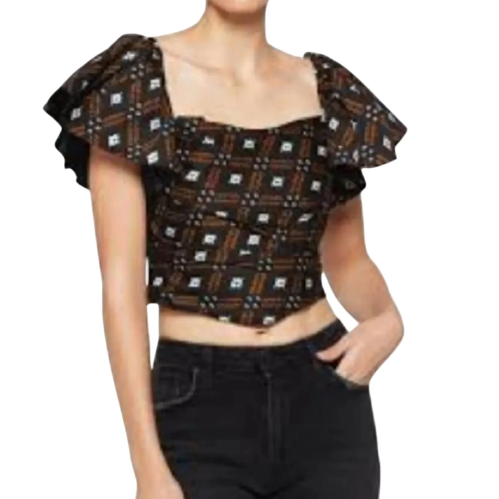 AUTUMN ADEIGBO Jules Ruffled Printed Bustier Top, Size 14, New w/ Tag MSRP $565 Black - Image 3