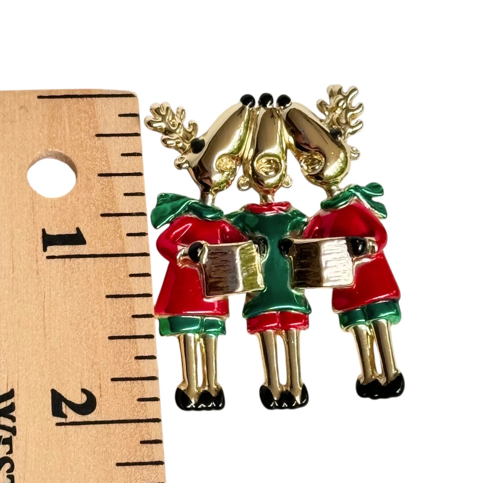 Gold Christmas Brooch Ajc Signed Reindeer Carol Singing Choir Deer Jewelry Vtg - Image 5