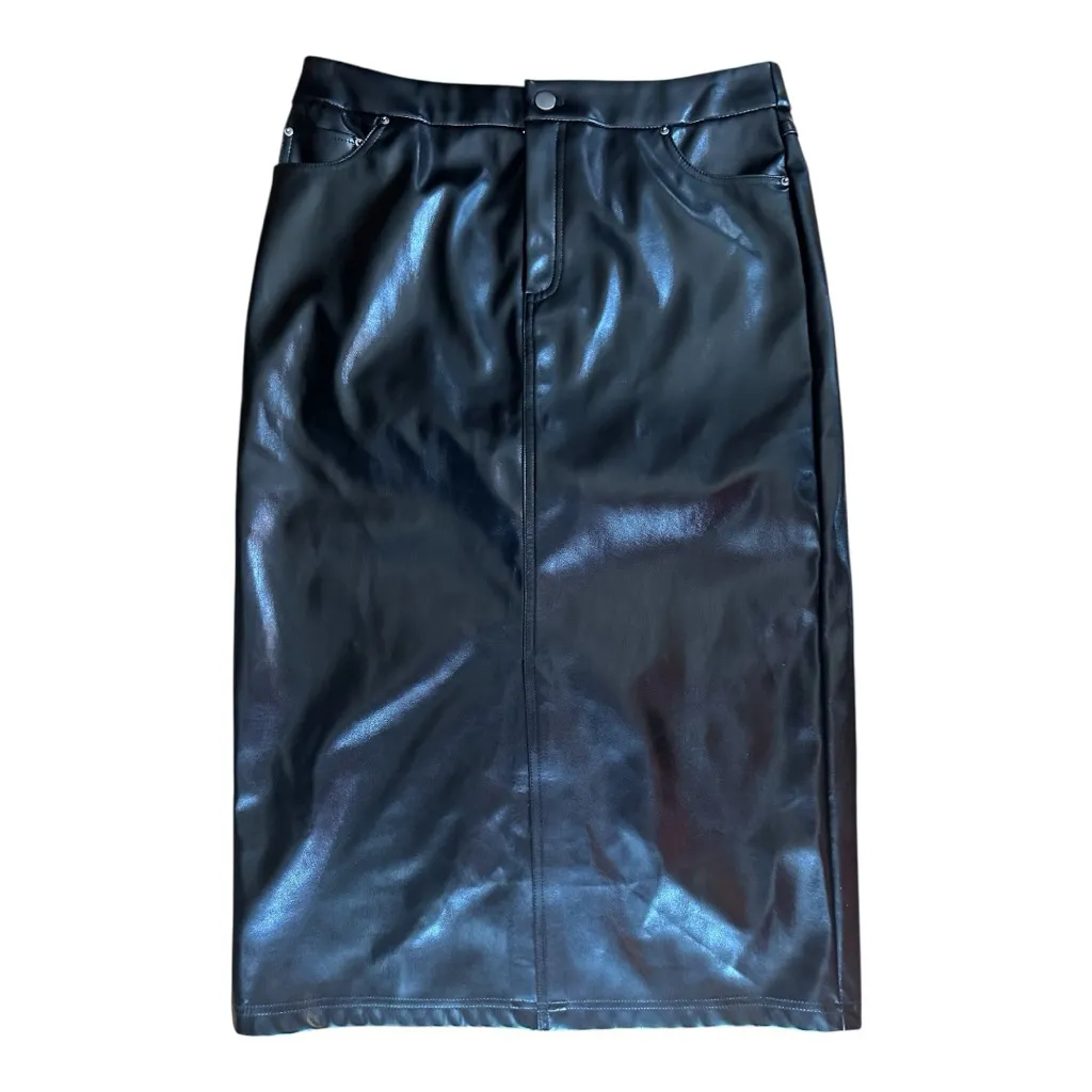 Colleen Lopez Black Faux Leather Midi Pencil Skirt with Slit Medium NWT - Image 4