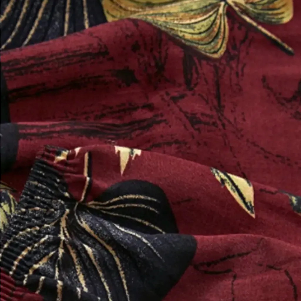 Boho Floral Harem Pants Burgundy Elastic Waist Wide Leg Joggers XL Red - Image 7