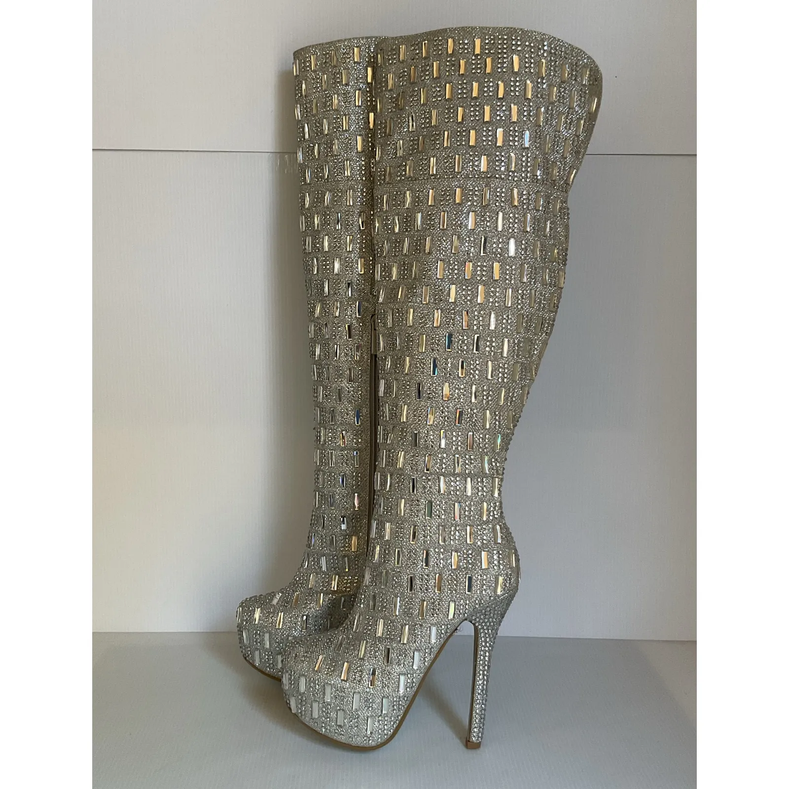 Shiekh Over Knee High Heel Boots Silver Rhinestone Glam Party Women 9 Evening - Image 2