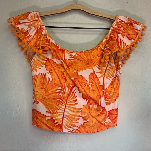 Kortni Jeane Flounce Top Ruffle Orange Palm Print Swim Top Size Small - Image 1