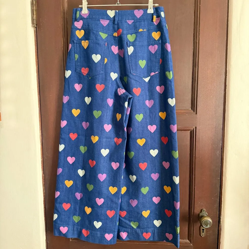 DANGERFIELD | Skipped a Beat Multicolor Heart Print Wide Leg Jeans | Size 8 Blue - Image 3