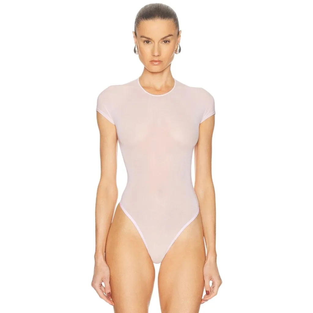 WARDROBE.NYC Sheer Cap Sleeve Bodysuit in Blush Pink X - Image 3