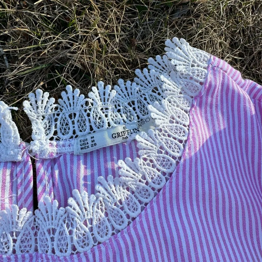 Puffed Stripe Sleeve Blouse Retro Boardwalk Red Size M - Image 2