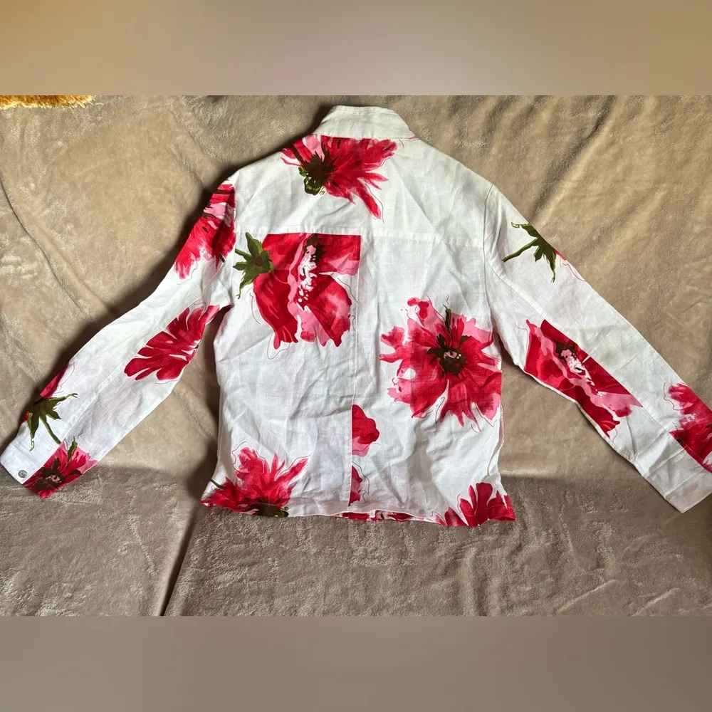 Carole Little Red and White Floral Linen Utility Jacket Medium - Image 5