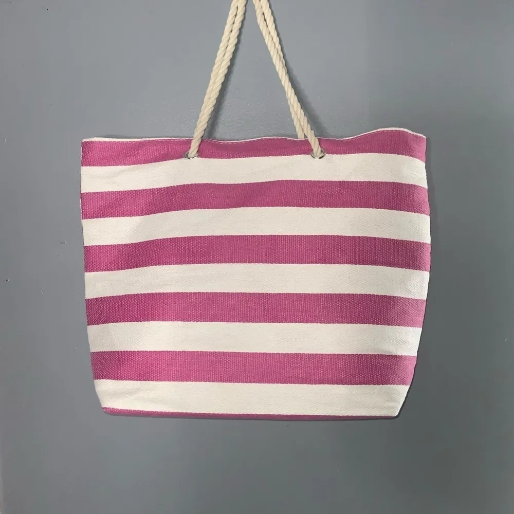 Pink & White Striped Green Cactus Rope Handles Canvas Lined Beach Bag 21X15X6 - Image 3