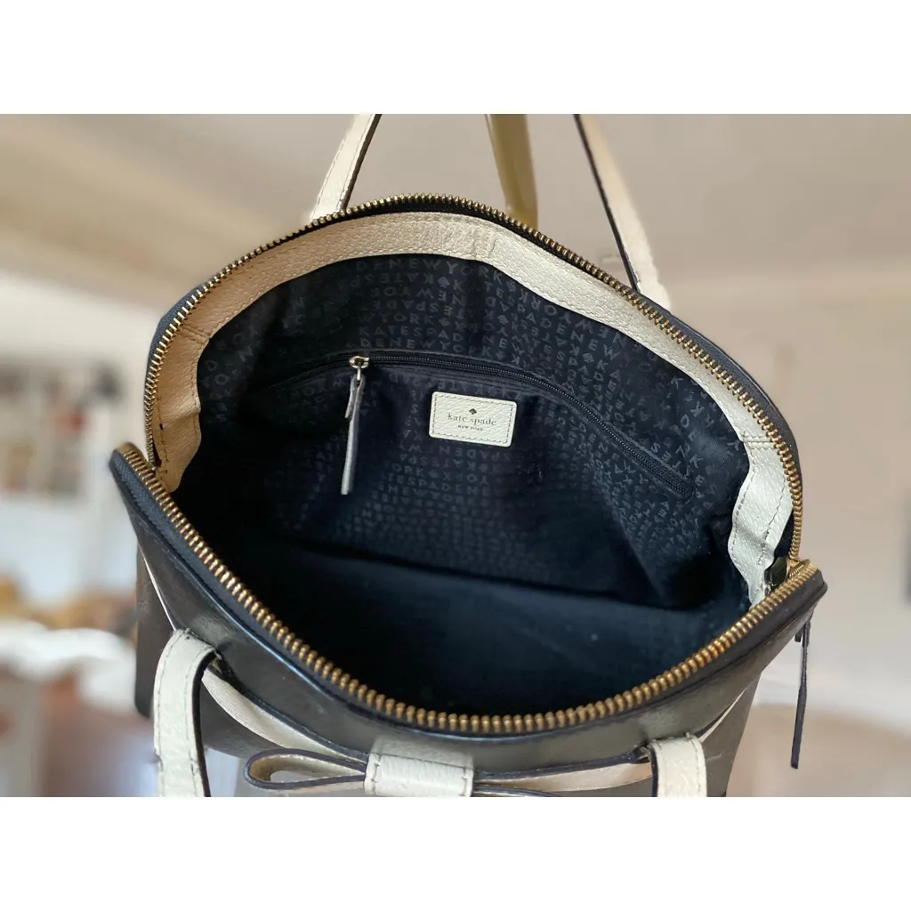 Kate Spade Bow Satchel Black Cream Handbag Top Handle Quiet Luxury Old Money Zip - Image 5
