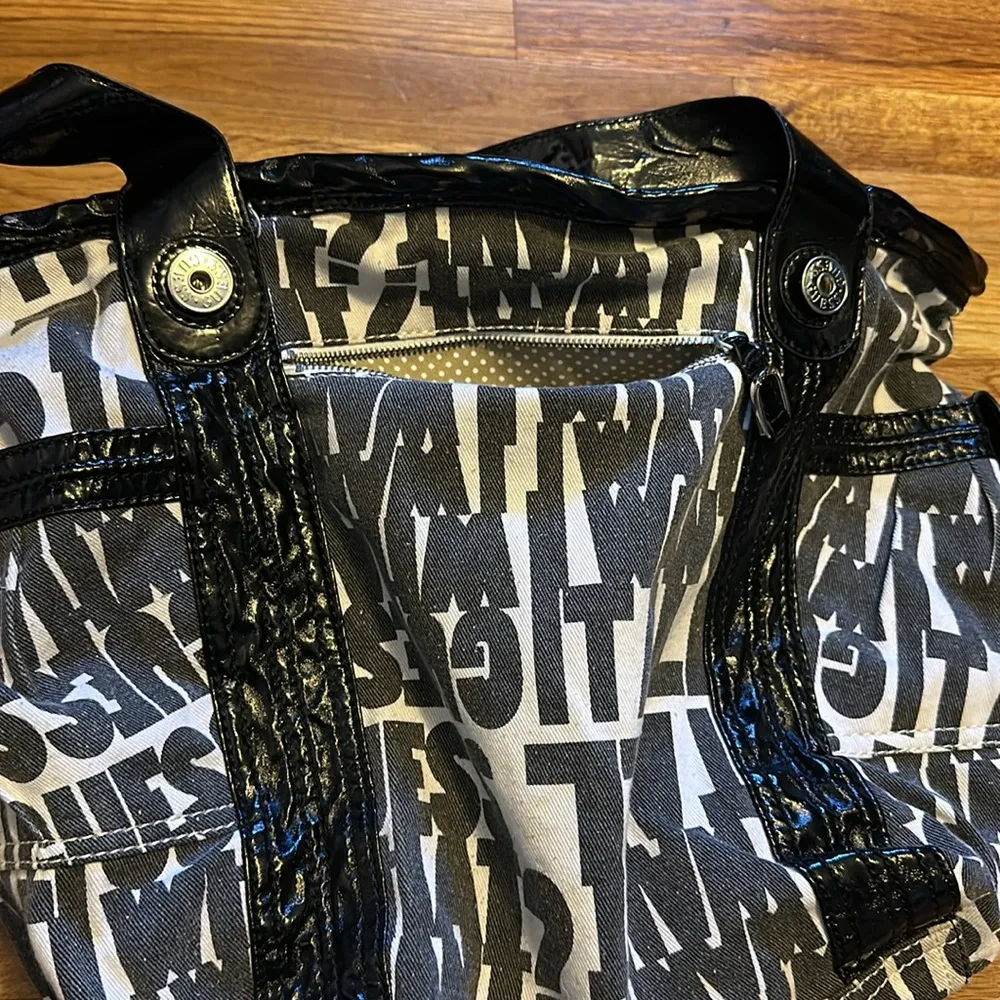 Guess Y2K Black & White Cotton Fabric Faux Leather Oversized Tote Bag Purse - Image 7