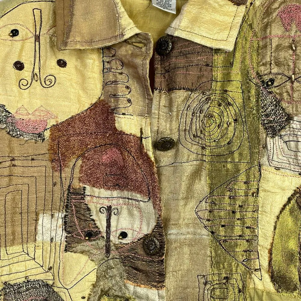 Vintage Y2K Sandy Starkman Silk Patchwork Tribal Abstract Faces Cropped Jacket L Brown Size L - Image 9