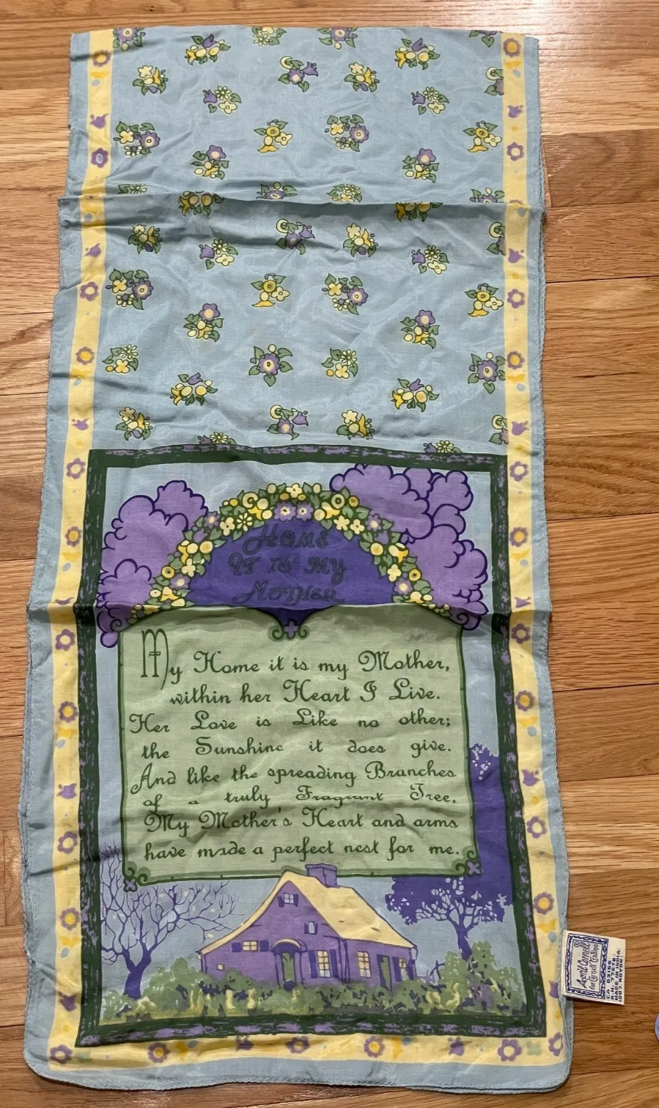 Vtg April Cornell Scarf Chiffon Blue Floral Mother Poem 56" x 13" Cottage New - Image 1