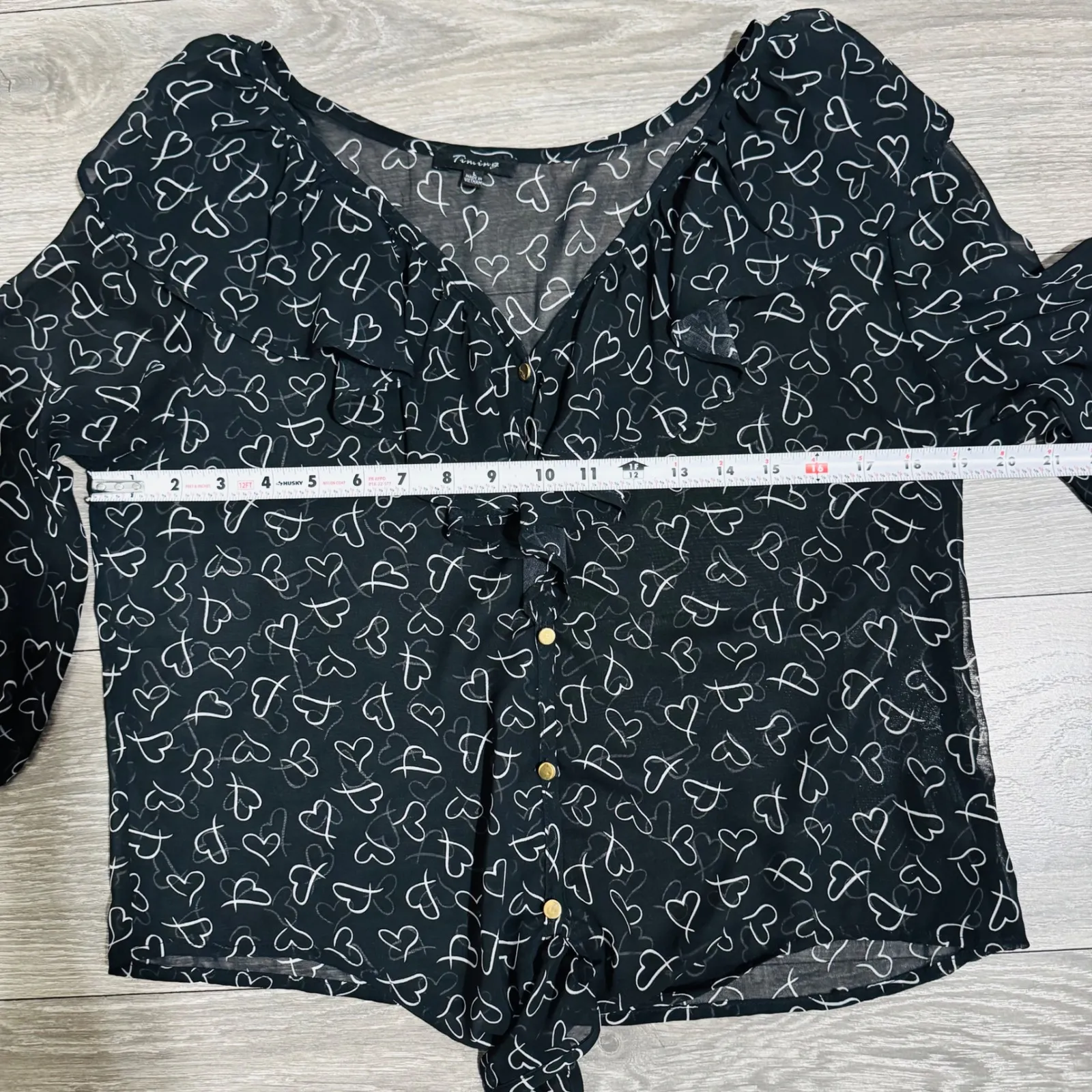 Timing Black Sheer Heart Print Ruffle Tie Front Blouse Top Women Sz L Celestial - Image 9