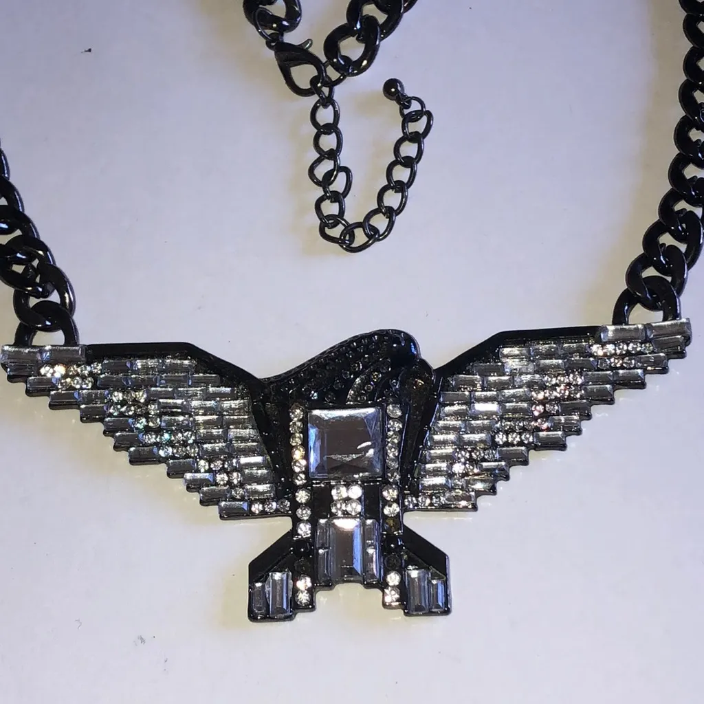 Black Metal CZ Rhinestone Eagle Bird Boho Statement Necklace - Image 2
