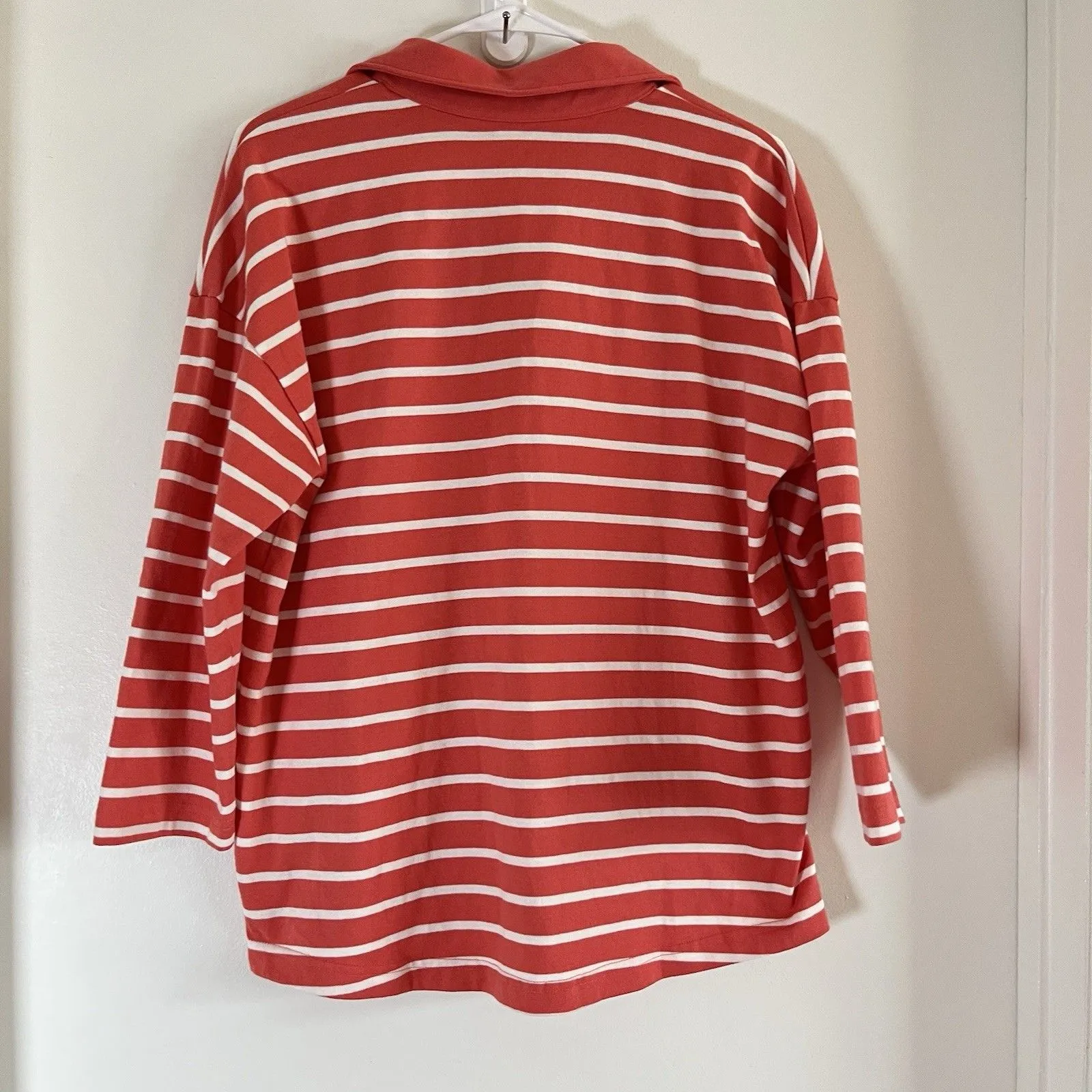LL Bean Top Womens M Coral Pink Striped Collared Polo V Neck Cotton Red Size M - Image 2