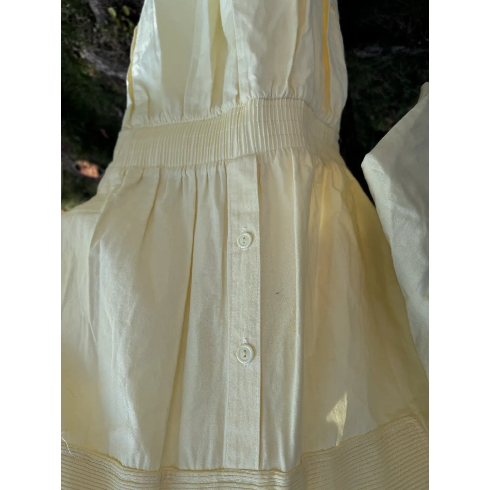VTG 1950 Style Pastel Yellow Cotton Midi Day Dress Sz7 Tight Waist USA Bat Sleev Size 6 - Image 6
