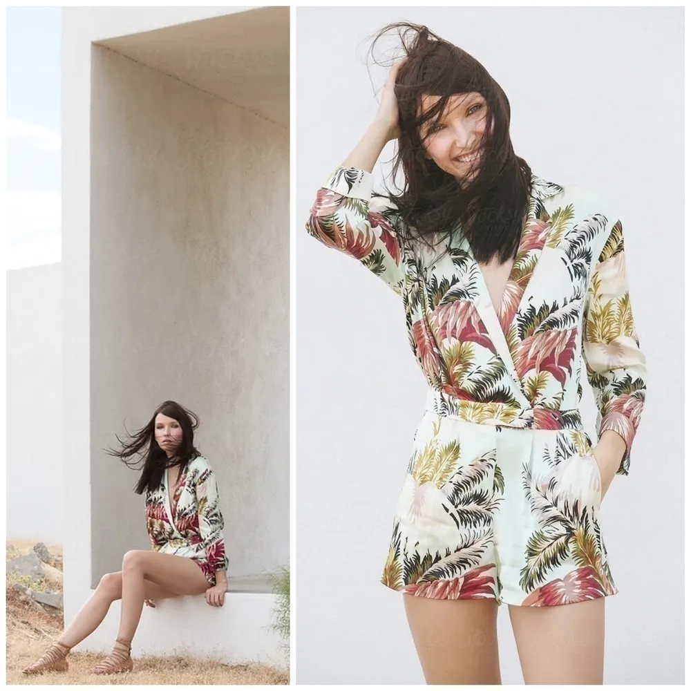 Topshop Tropical Floral Satin V-Neck Long Sleeve Romper Green Pink Size 10 Large - Image 4