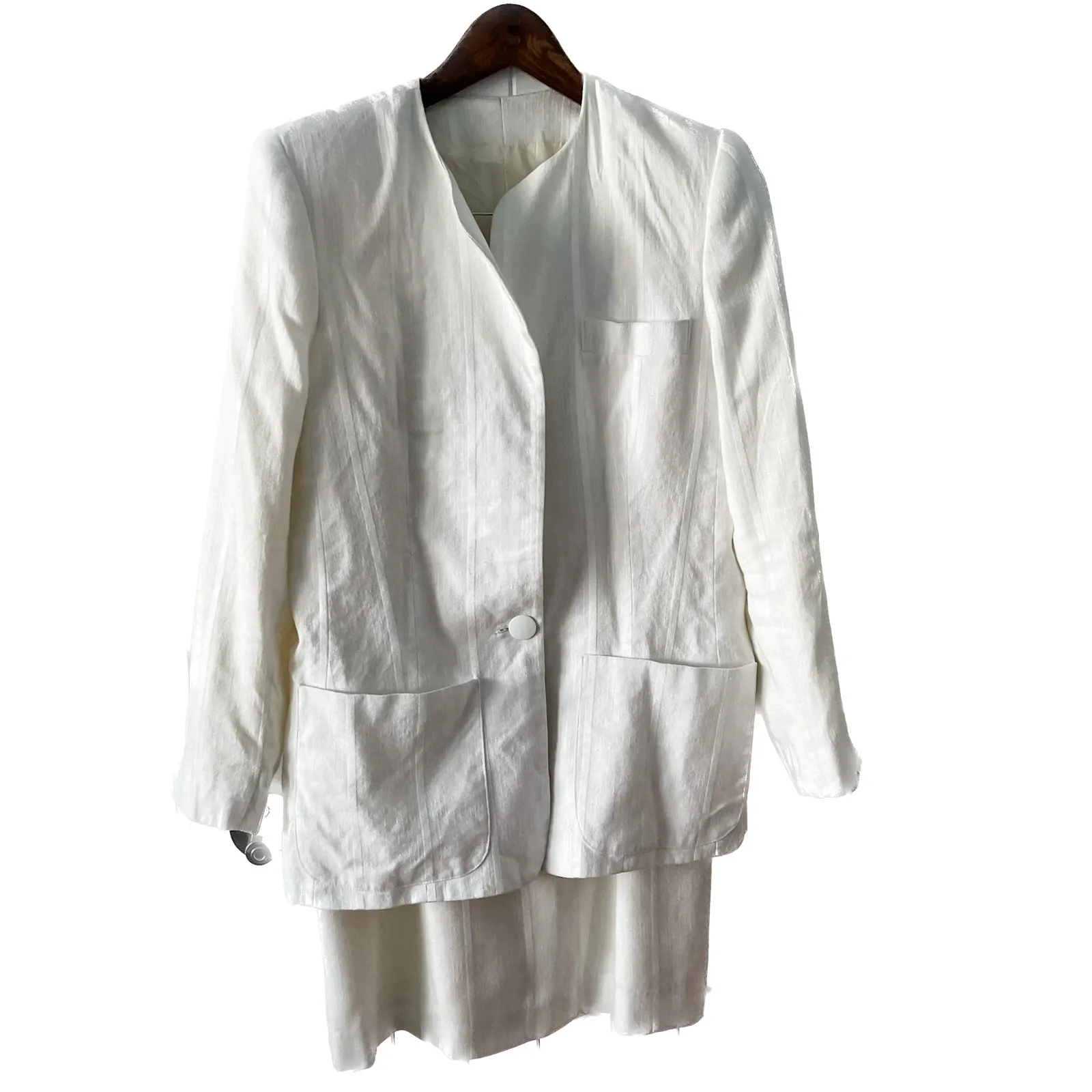 Vintage winter white striped blazer jacket pencil skirt suit set size M 8 10 Size M - Image 3