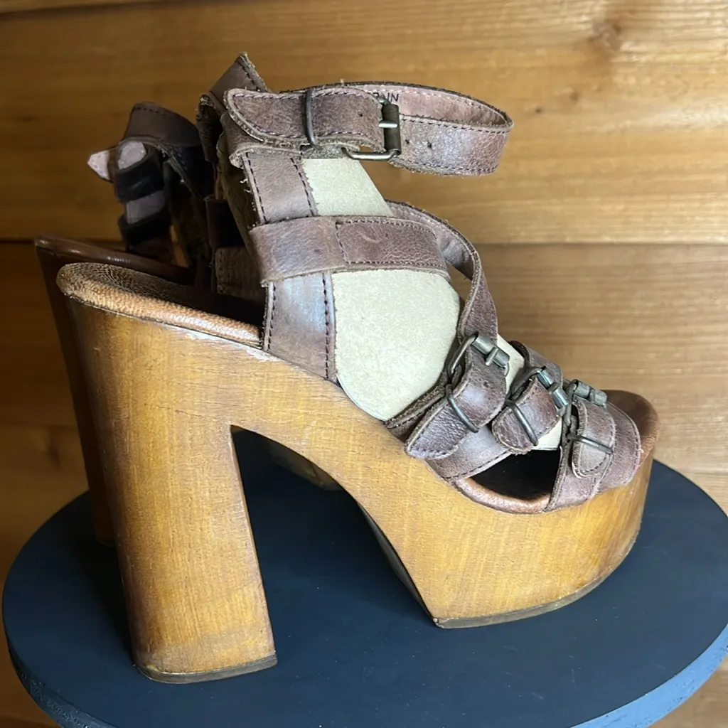 Musse & Cloud Malena Leather Platform Sandal Heel Shoe Brown Strappy Wood Buckle - Image 7