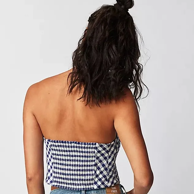 Free People Blue and White Gingham Crop Top - Image 5