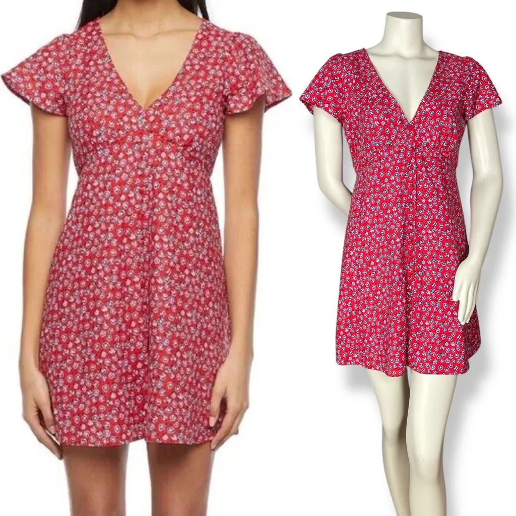My Michelle Sundress Red Floral‎ Ditsy Print Dress Medium Flutter Sleeves V-Neck - Image 2