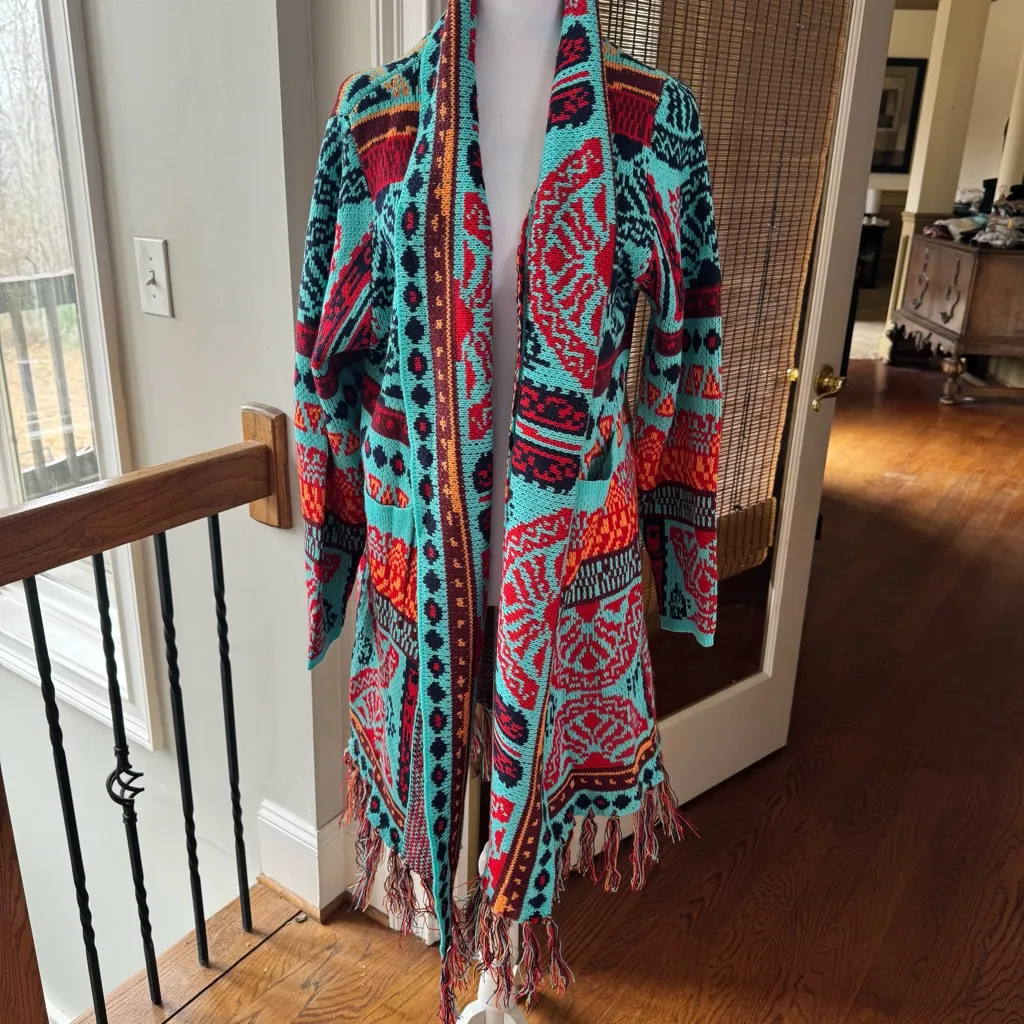 CGYY Aztec Blanket Cardigan Duster turquoise red pattern XL - Image 2