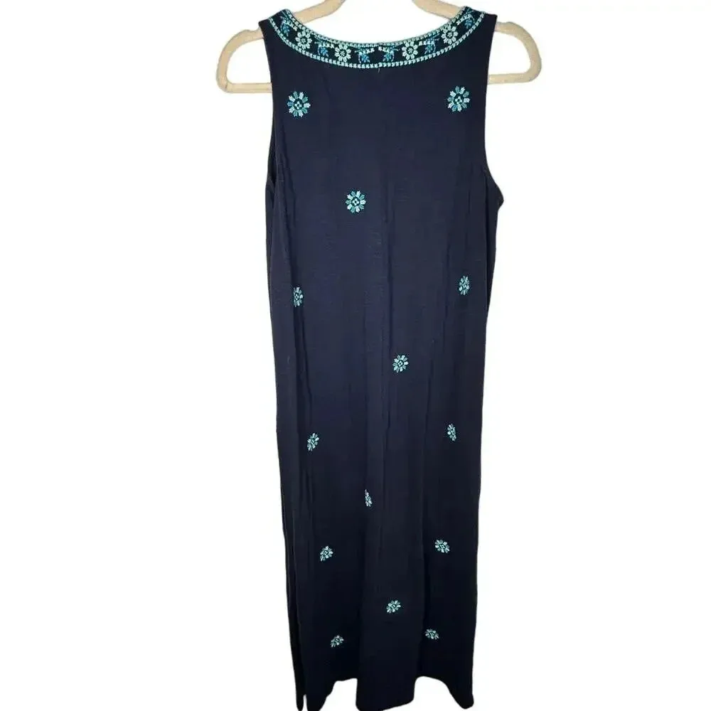 J. Jill Sleeveless Embroidered Dress Size Petite Small Navy Turquoise Tank Blue - Image 2