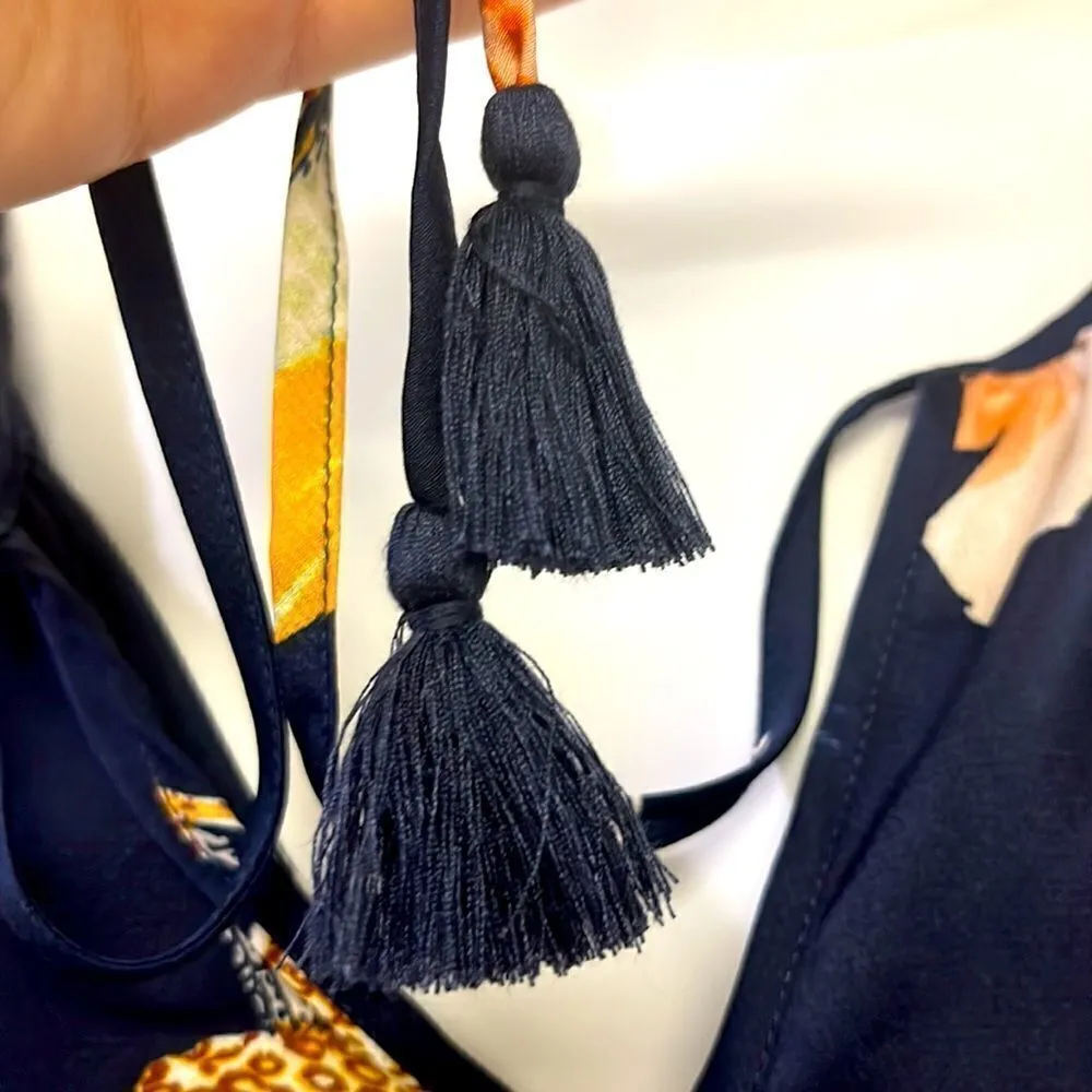 Lovestitch Navy Floral with Tassel Keyhole Tie and Elastic 3/4 Sleeves- Medium - Image 4