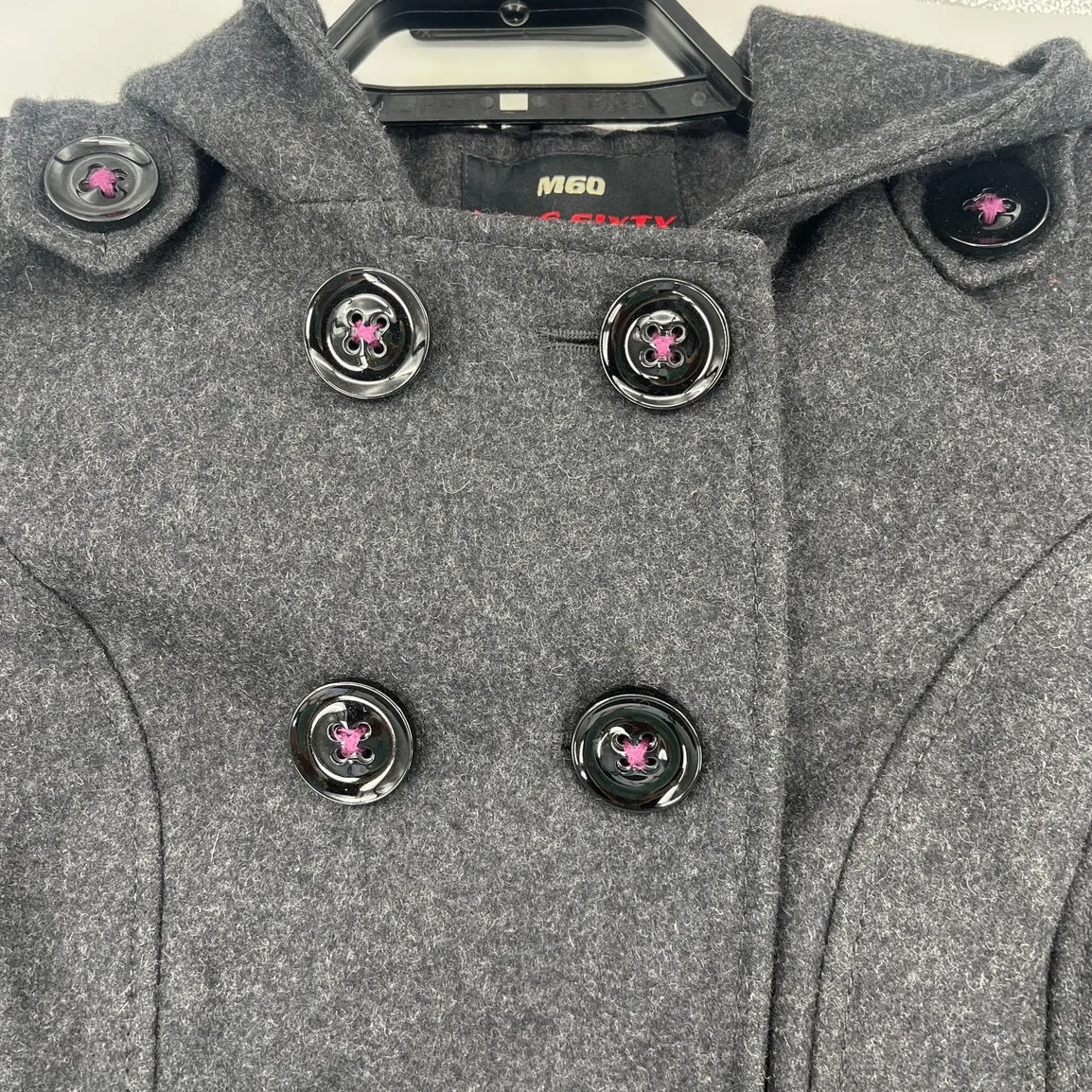 Y2K Miss Sixty Wool Military Hooded Pea Coat Sz S Double Breasted Goth Academia - Image 2