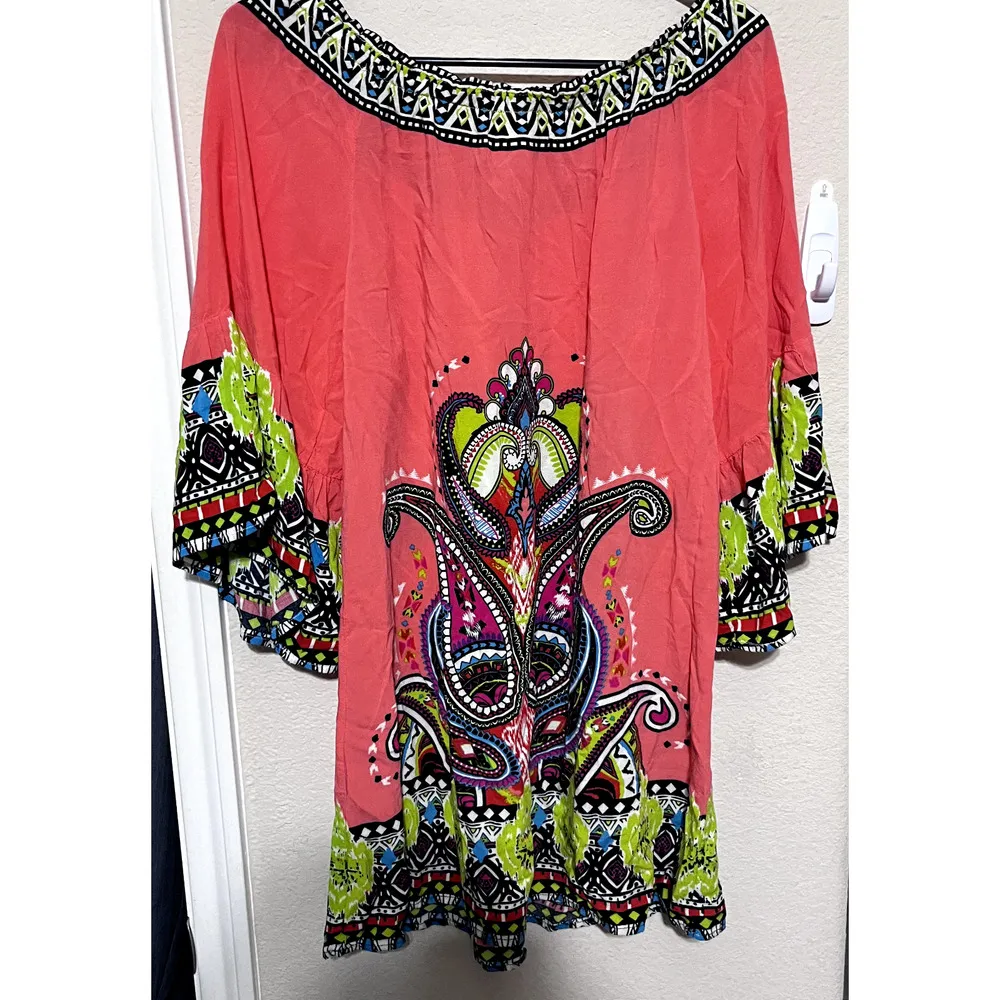 Flying Tomato Off Shoulder Mini Dress Womens sz L Floral 3/4 Bell Festival Boho - Image 6