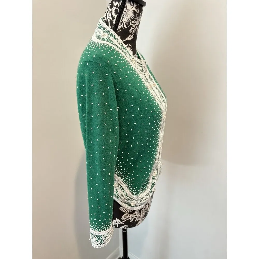 DOREEN LOK Vintage 60s Green Wool White Beads 3/4 Sleeves Cardigan Sweater 36/4 - Image 2