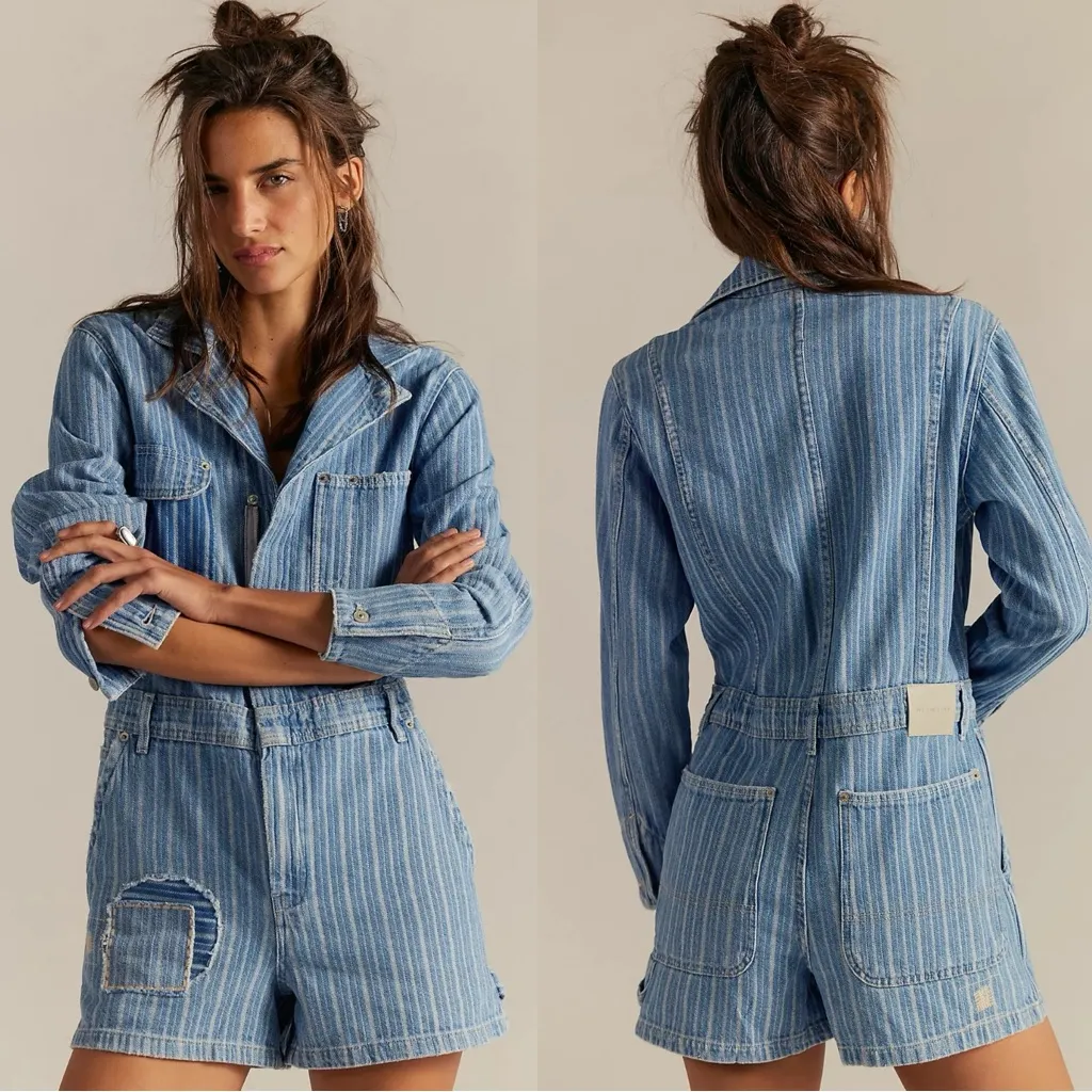 Free People Downtown Denim Railroad Patchwork Coveralls Romper Size Large - Image 2