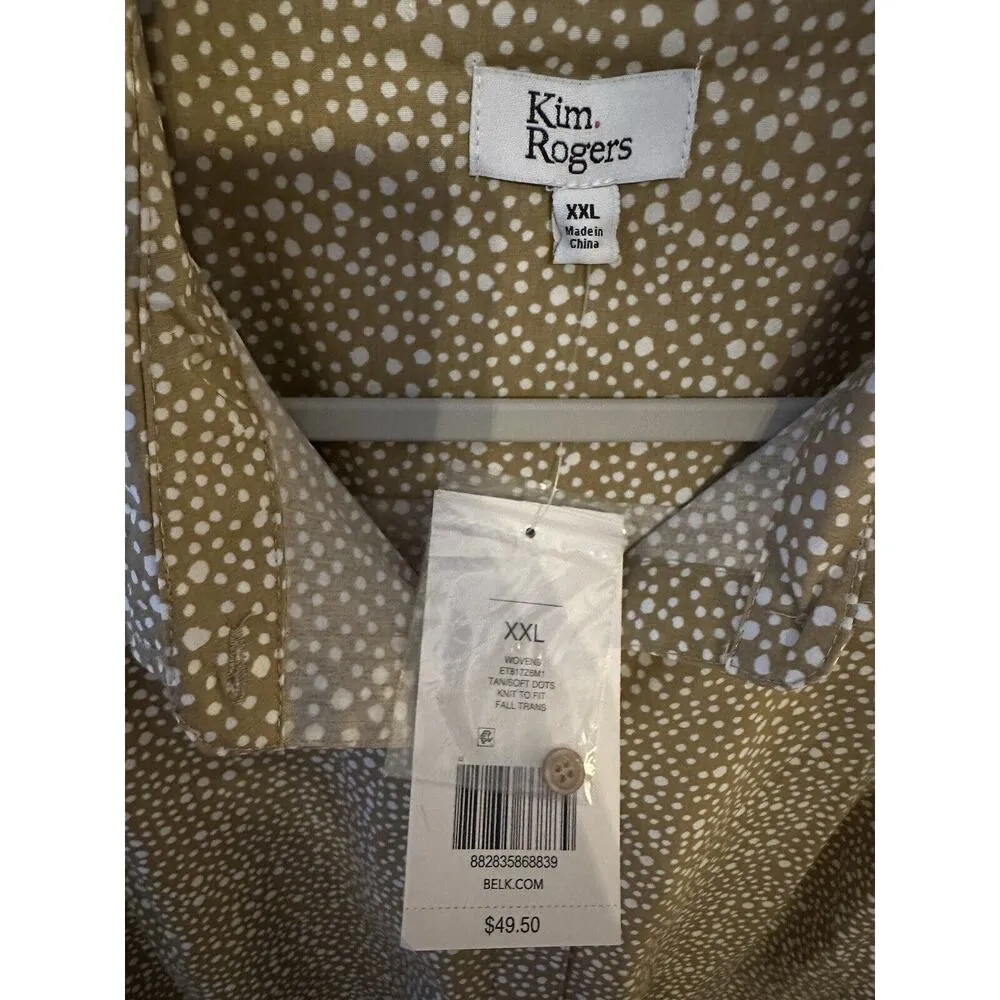 Kim Rogers Button Down Convertible Sleeves Shirt Women's Size XXL Tan Dots NEW - Image 2