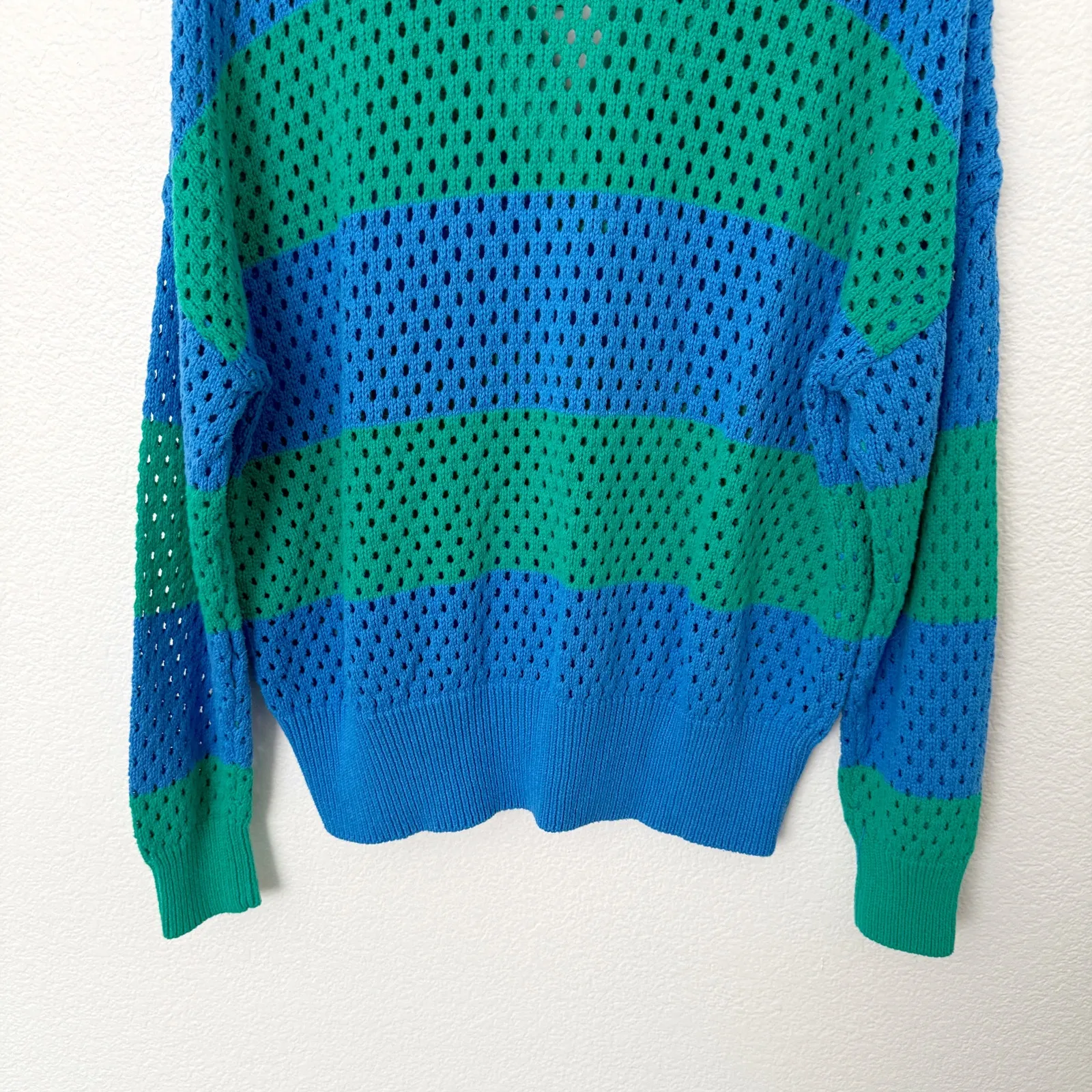 [Beach Riot] Green Blue Rugby Striped Wynn Open Knit Long Sleeve Sweater Large - Image 8