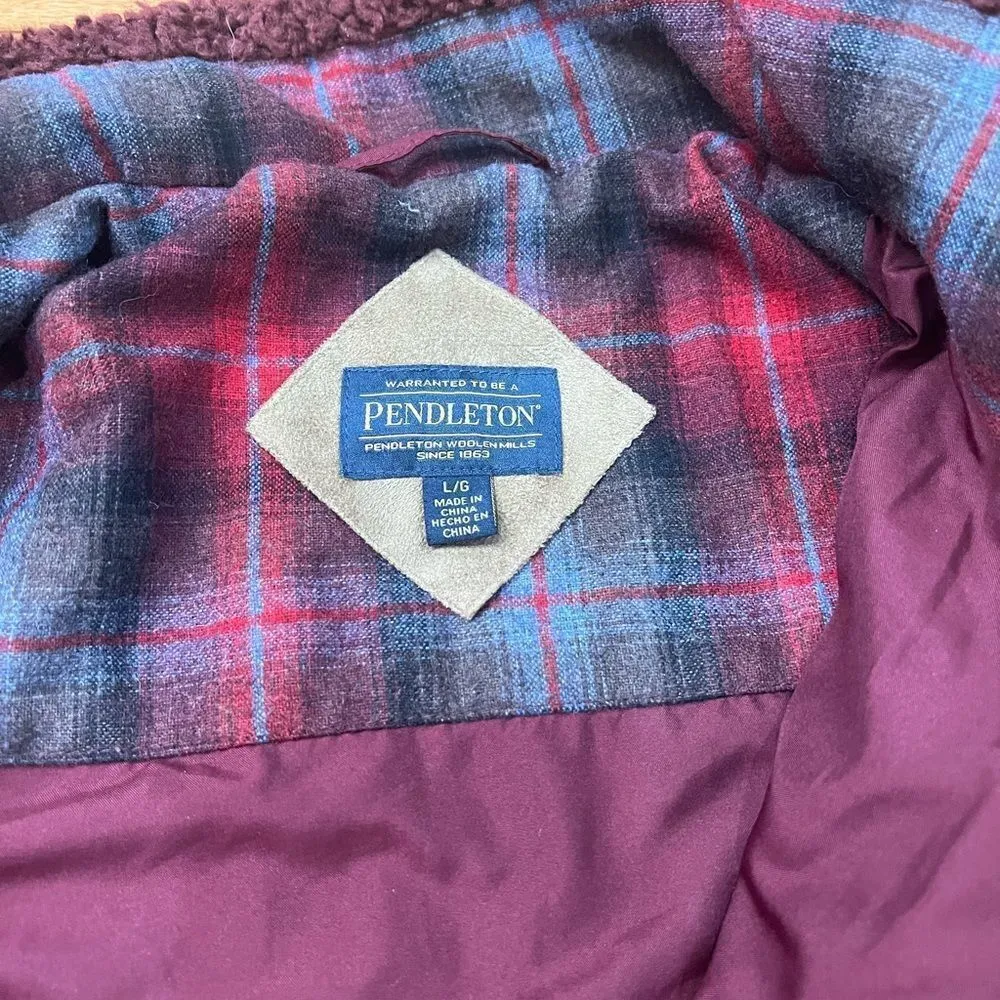 Pendleton Zip Up Burgundy Boucle teddy Fleece Jacket With Plaid Pocket Size L - Image 5