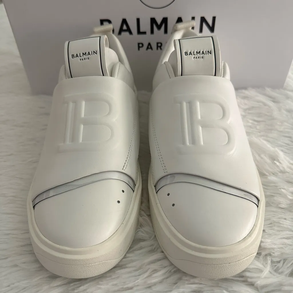 $650 Balmain B-Court White Leather‎ Logo Slip On Sneakers Shoes Sz 35 Sold Out! - Image 3